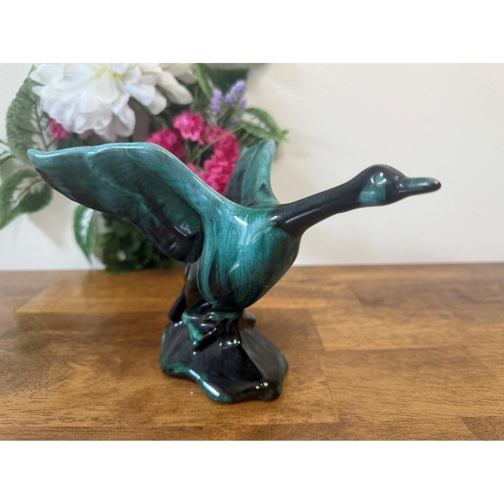 Blue Mountain Pottery Goose Figurine Green Drip Glaze Canadian Vintage Flying